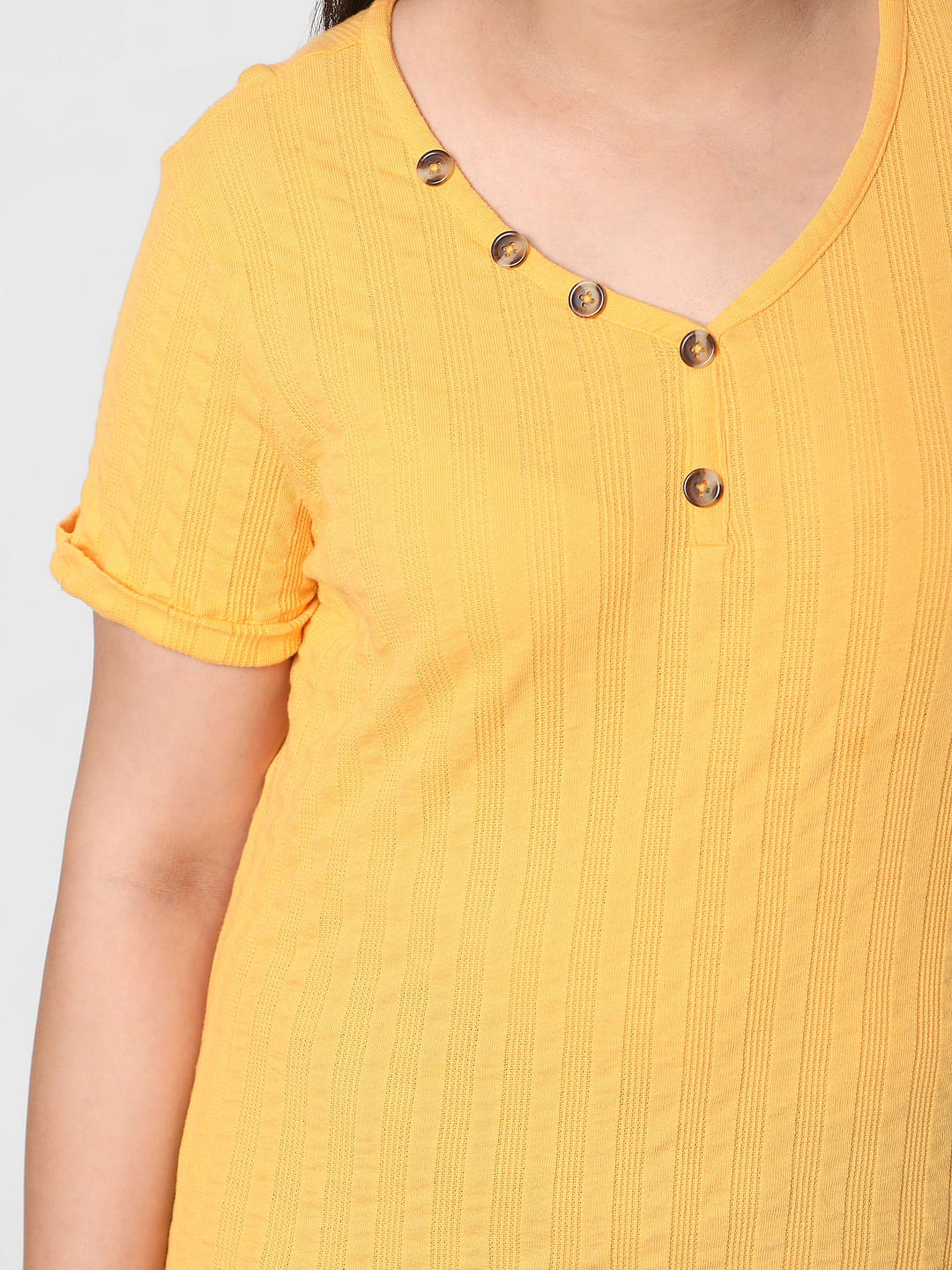 Curve Yellow Ribbed Henley Neck T-Shirt
