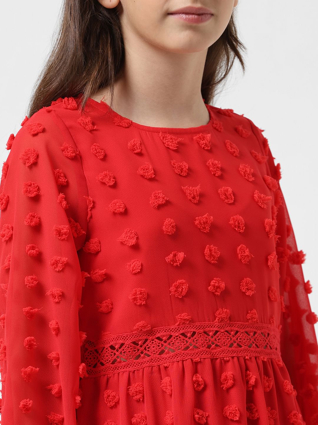 Girl Red Textured Fit & Flare Dress