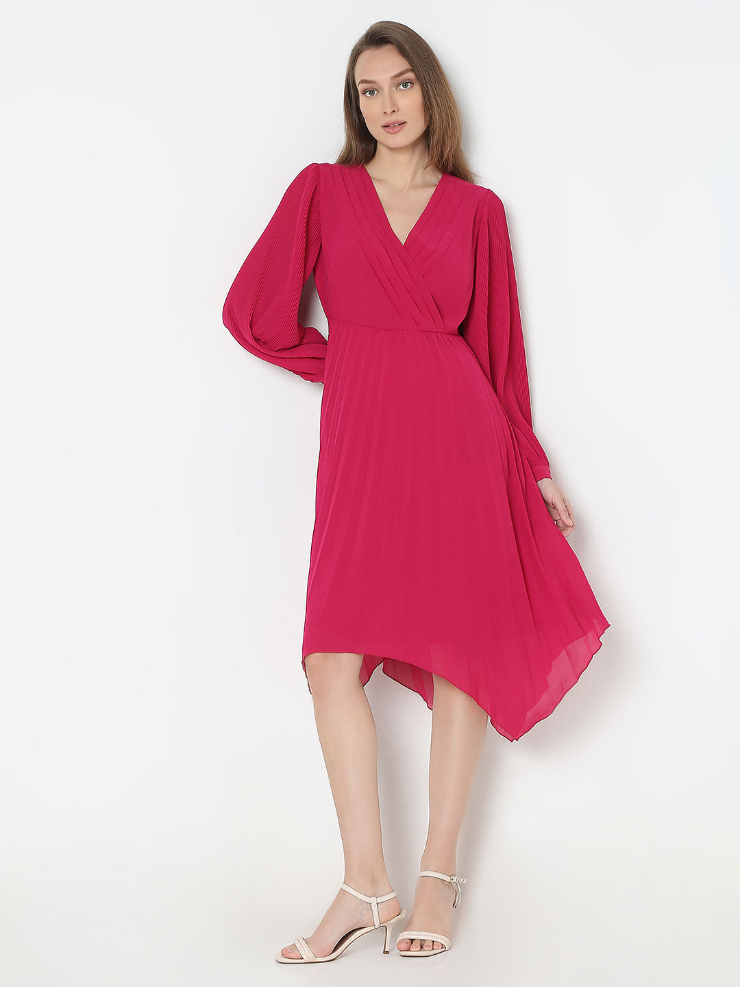 Pink Pleated Asymmetric Dress