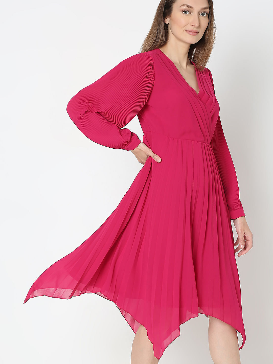 Pink Pleated Asymmetric Dress