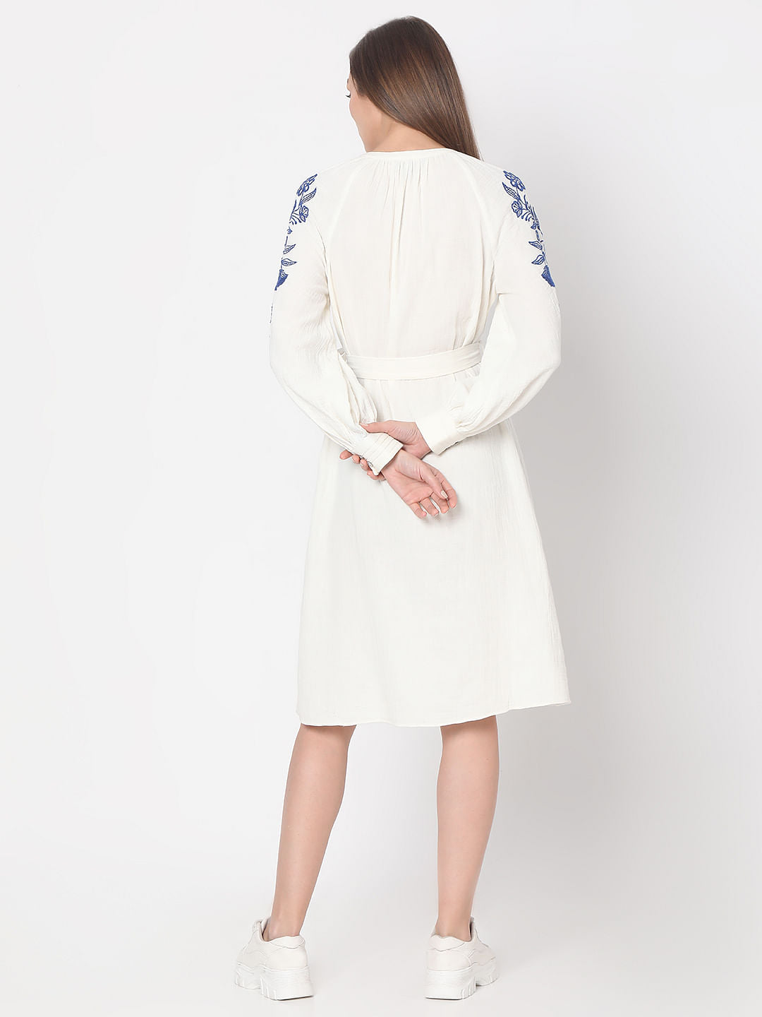 White Contrast Embroidery Dress
