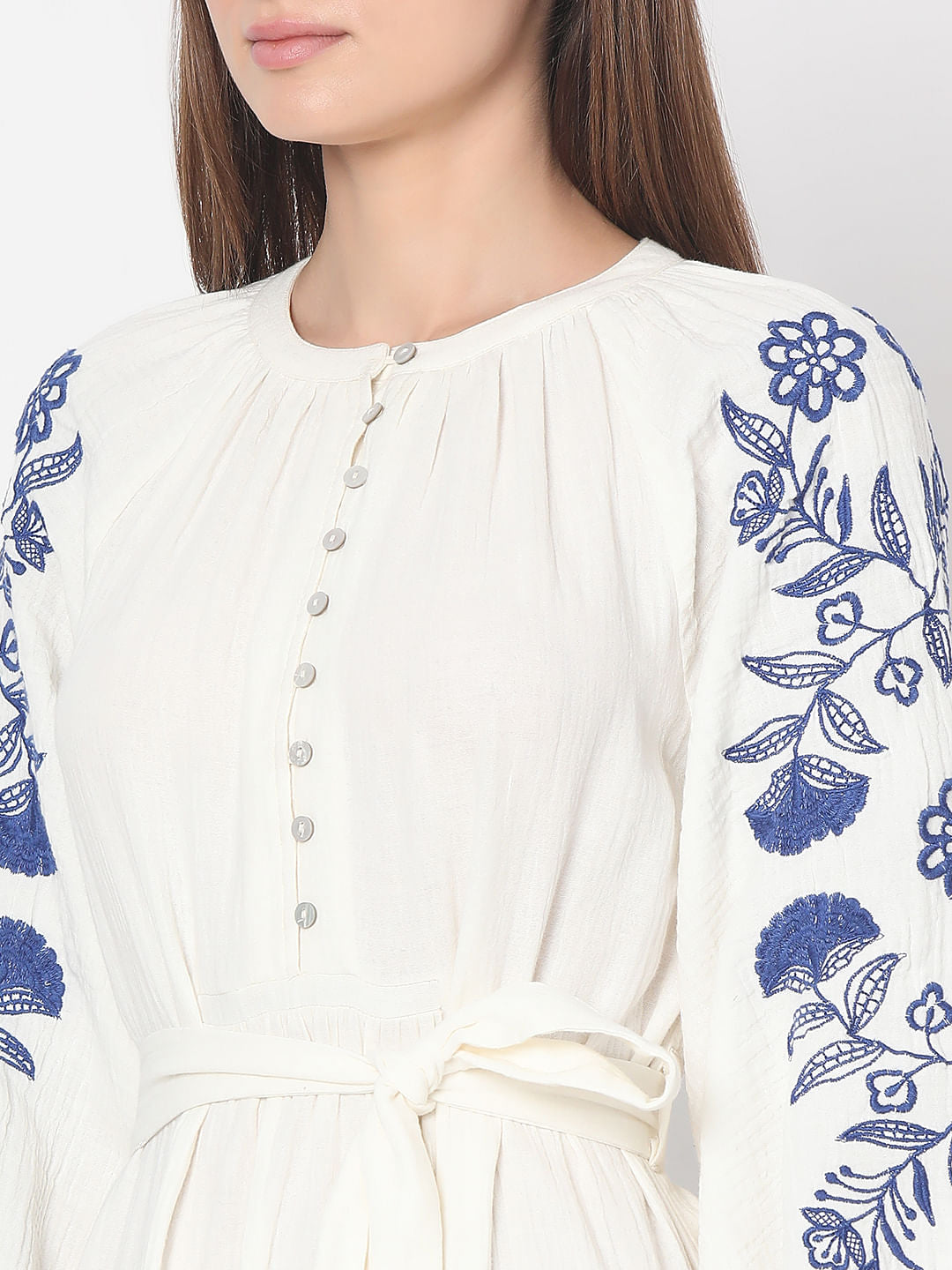White Contrast Embroidery Dress