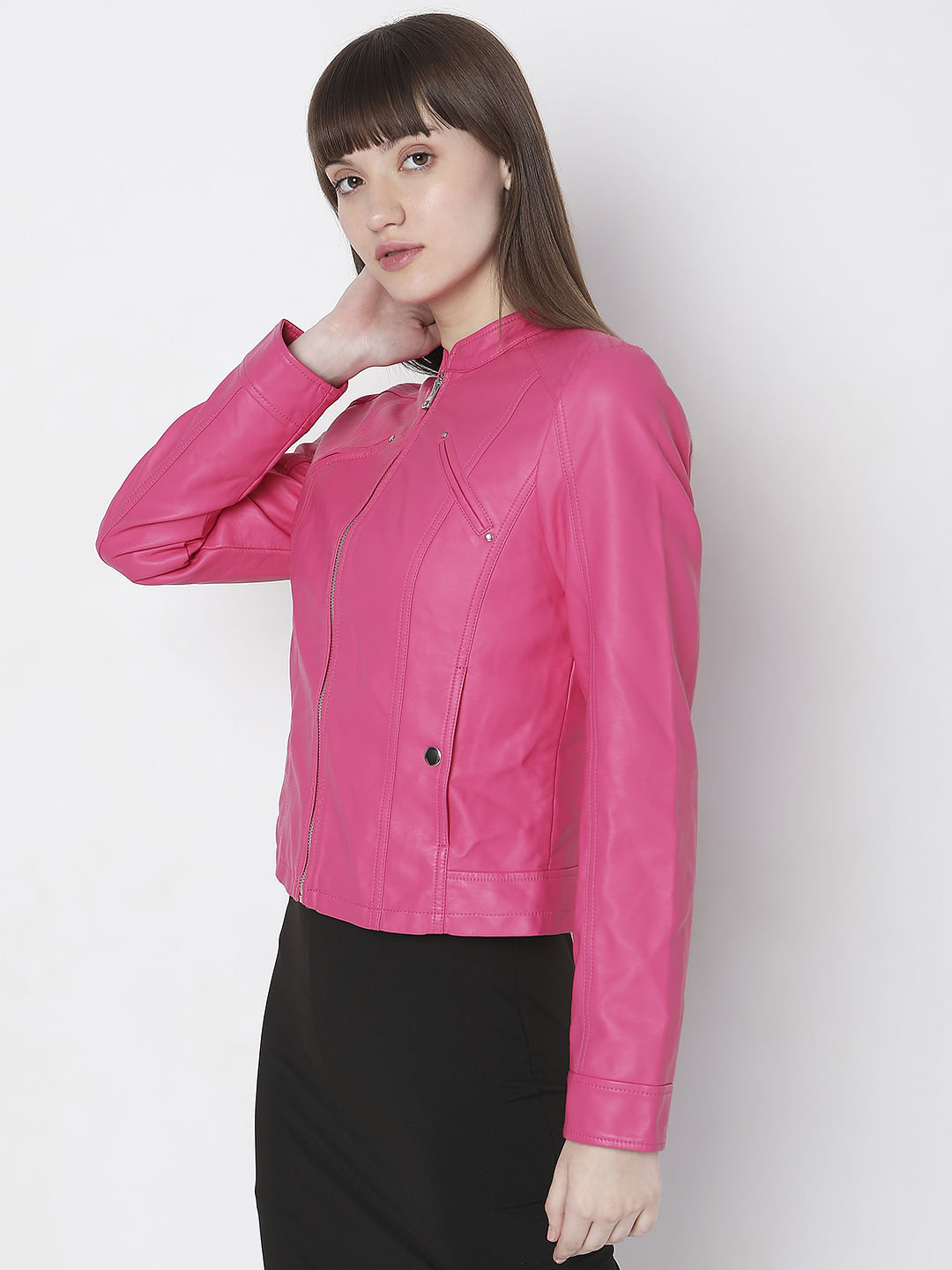 Hot Pink Faux Leather Biker Jacket
