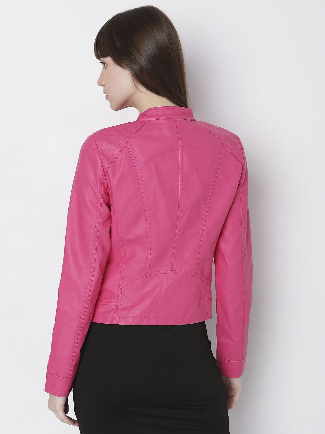 Hot Pink Faux Leather Biker Jacket