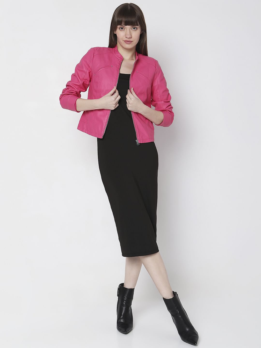 Hot Pink Faux Leather Biker Jacket