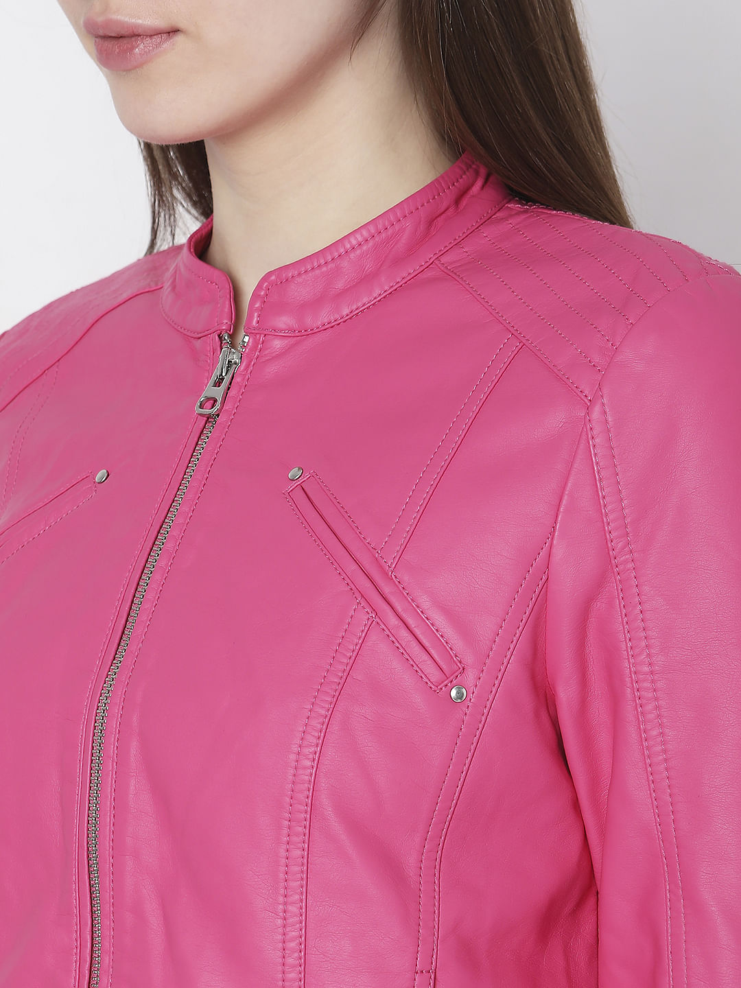 Hot Pink Faux Leather Biker Jacket