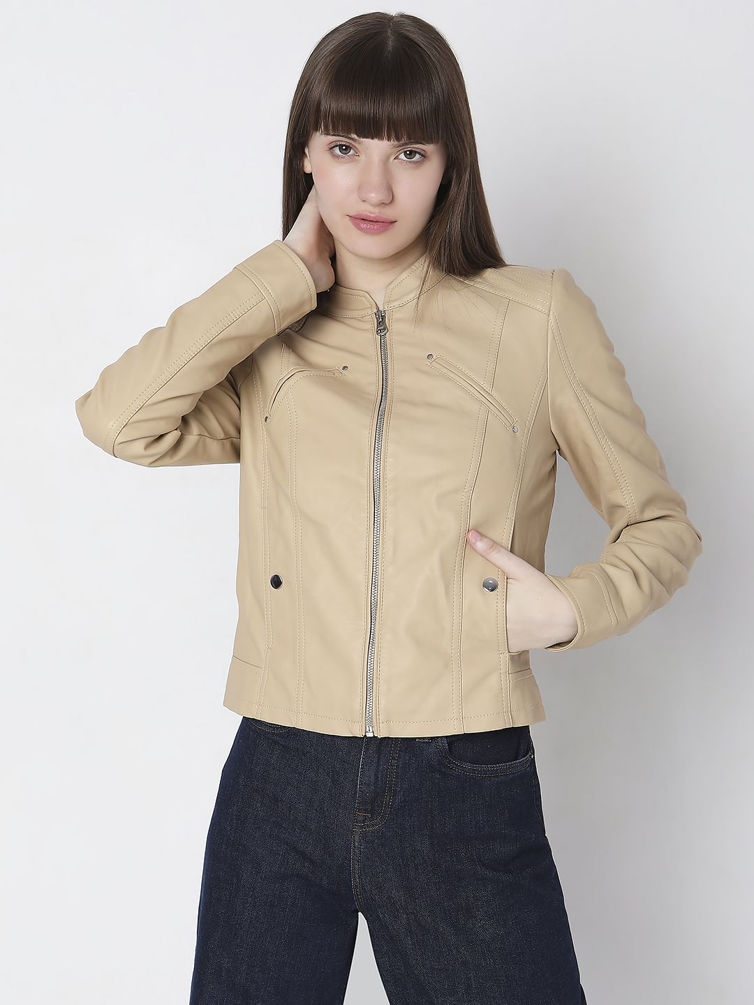 Beige Faux Leather Biker Jacket