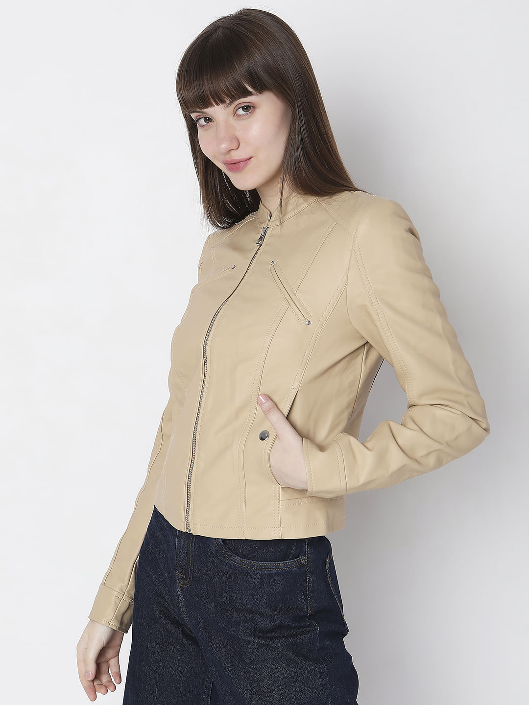 Beige Faux Leather Biker Jacket