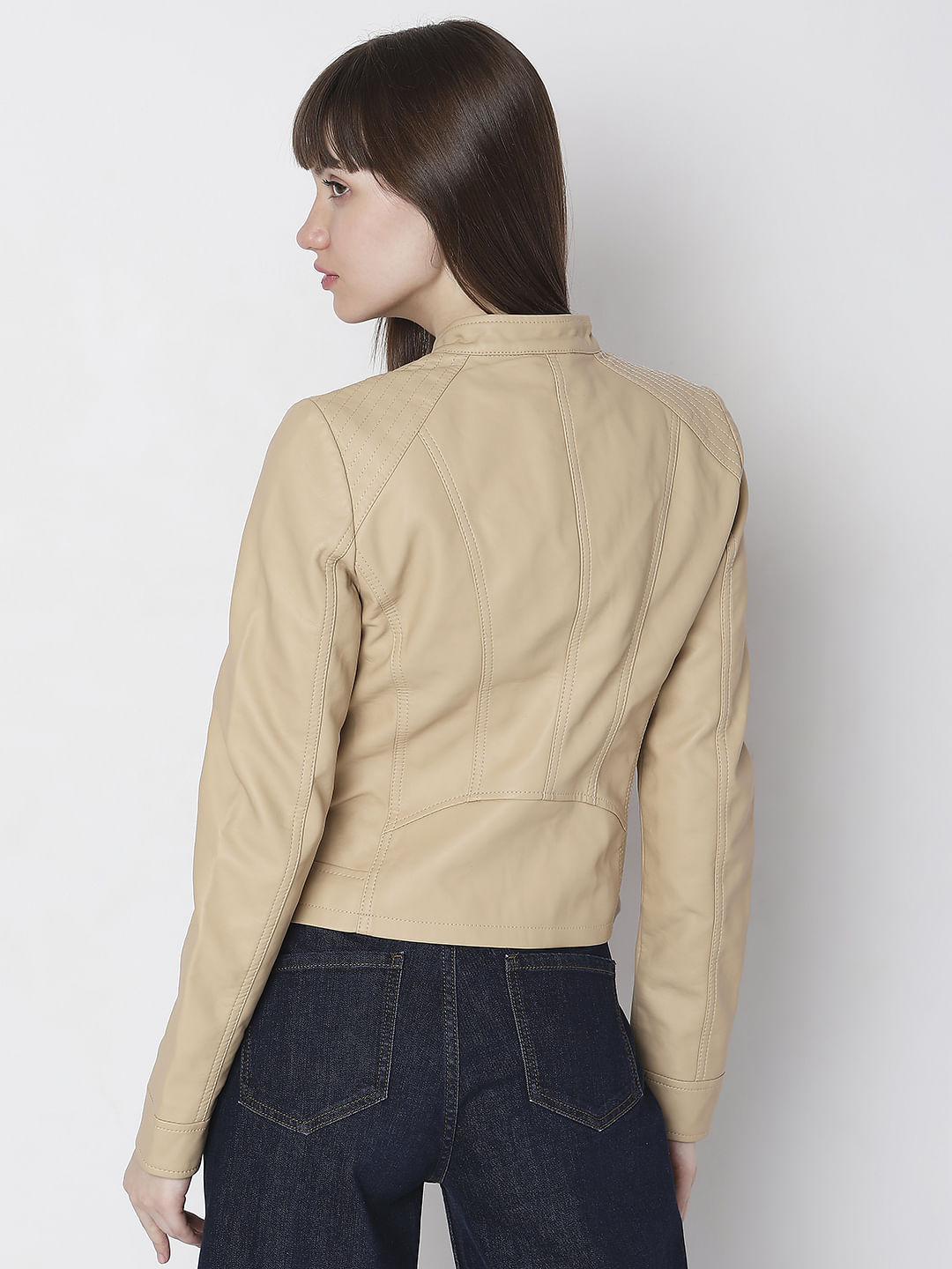 Beige Faux Leather Biker Jacket