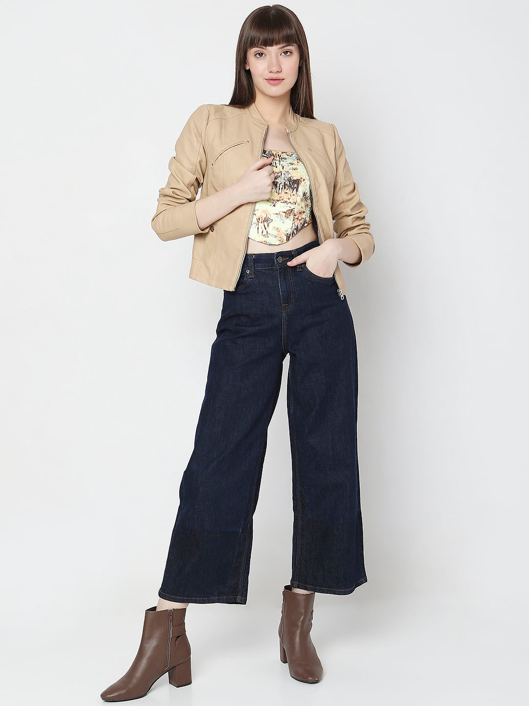 Beige Faux Leather Biker Jacket