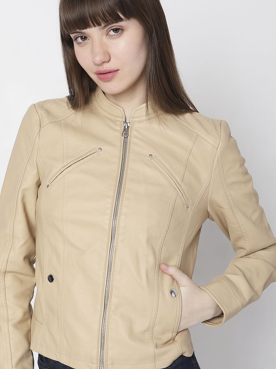 Beige Faux Leather Biker Jacket