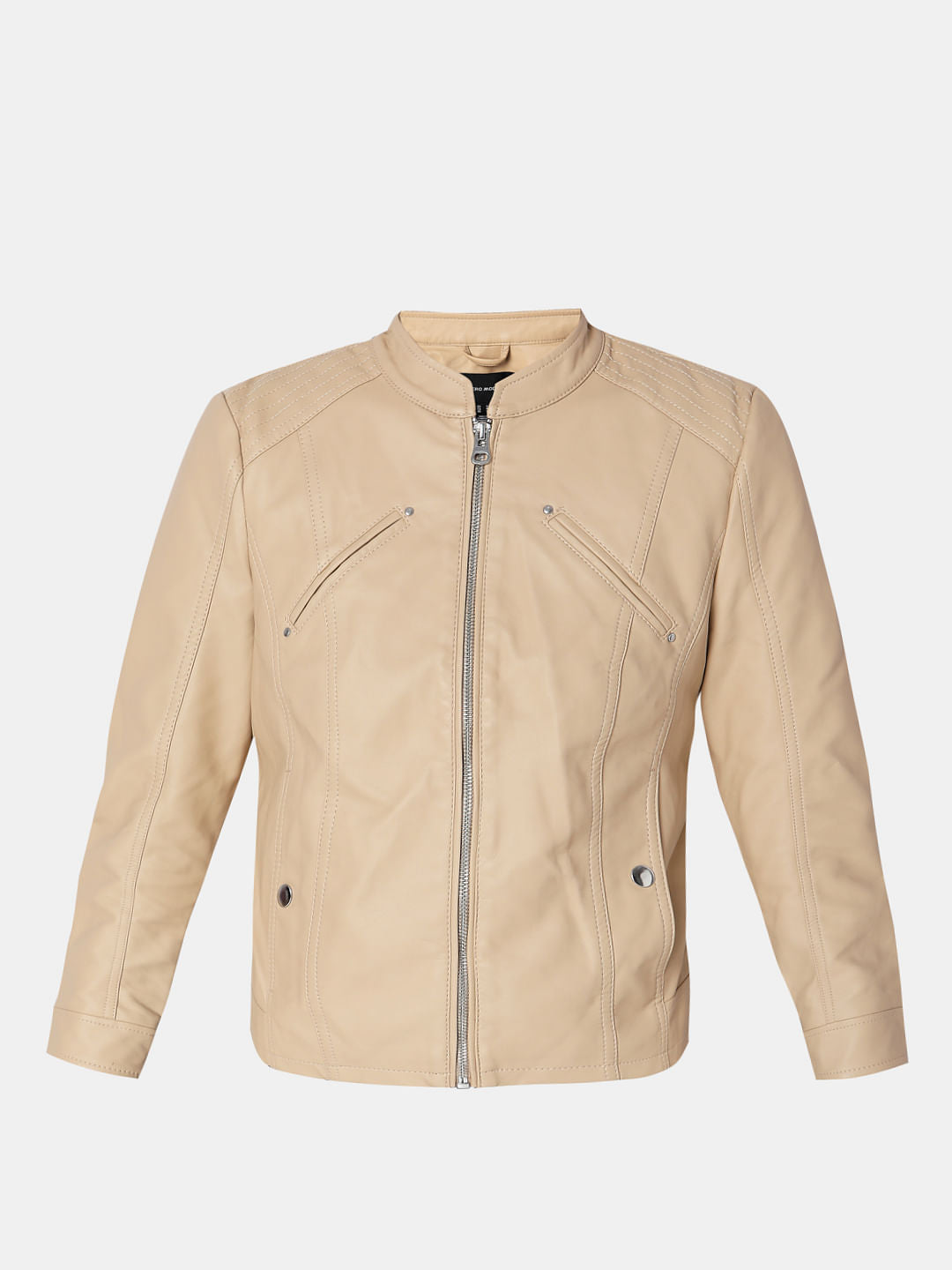 Beige Faux Leather Biker Jacket