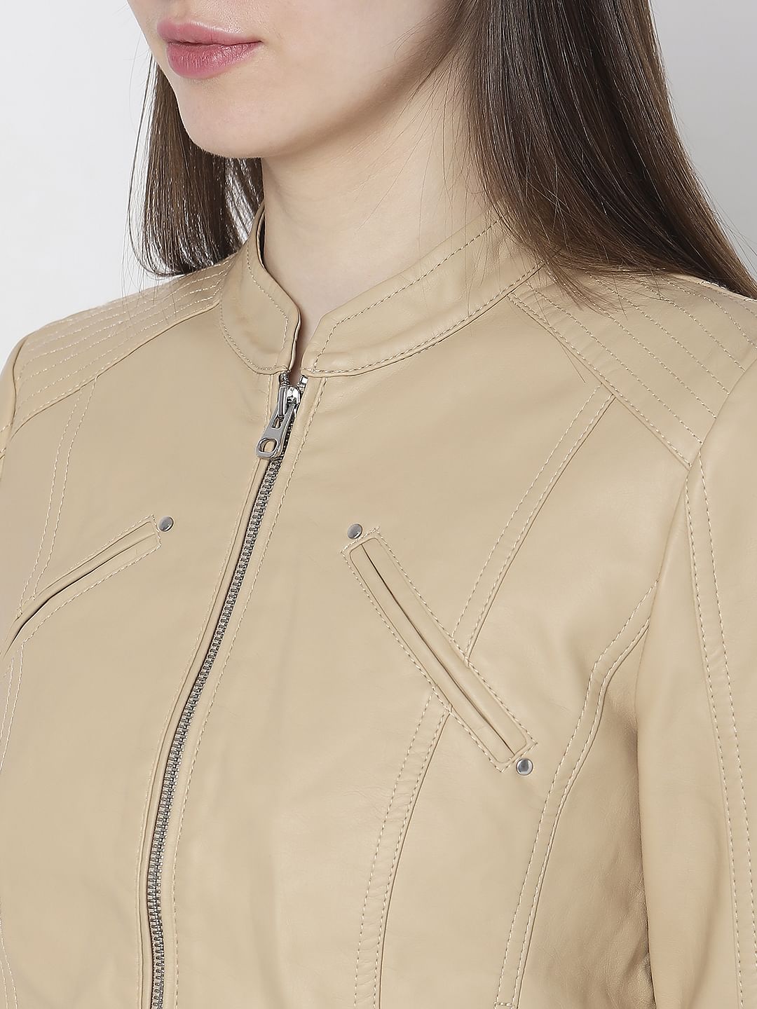 Beige Faux Leather Biker Jacket
