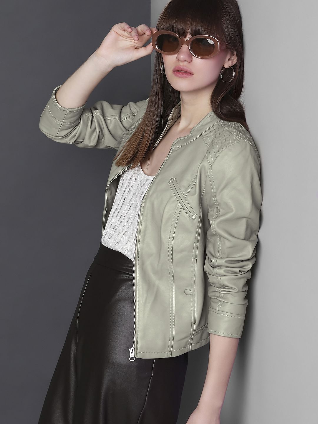 Green Faux Leather Biker Jacket