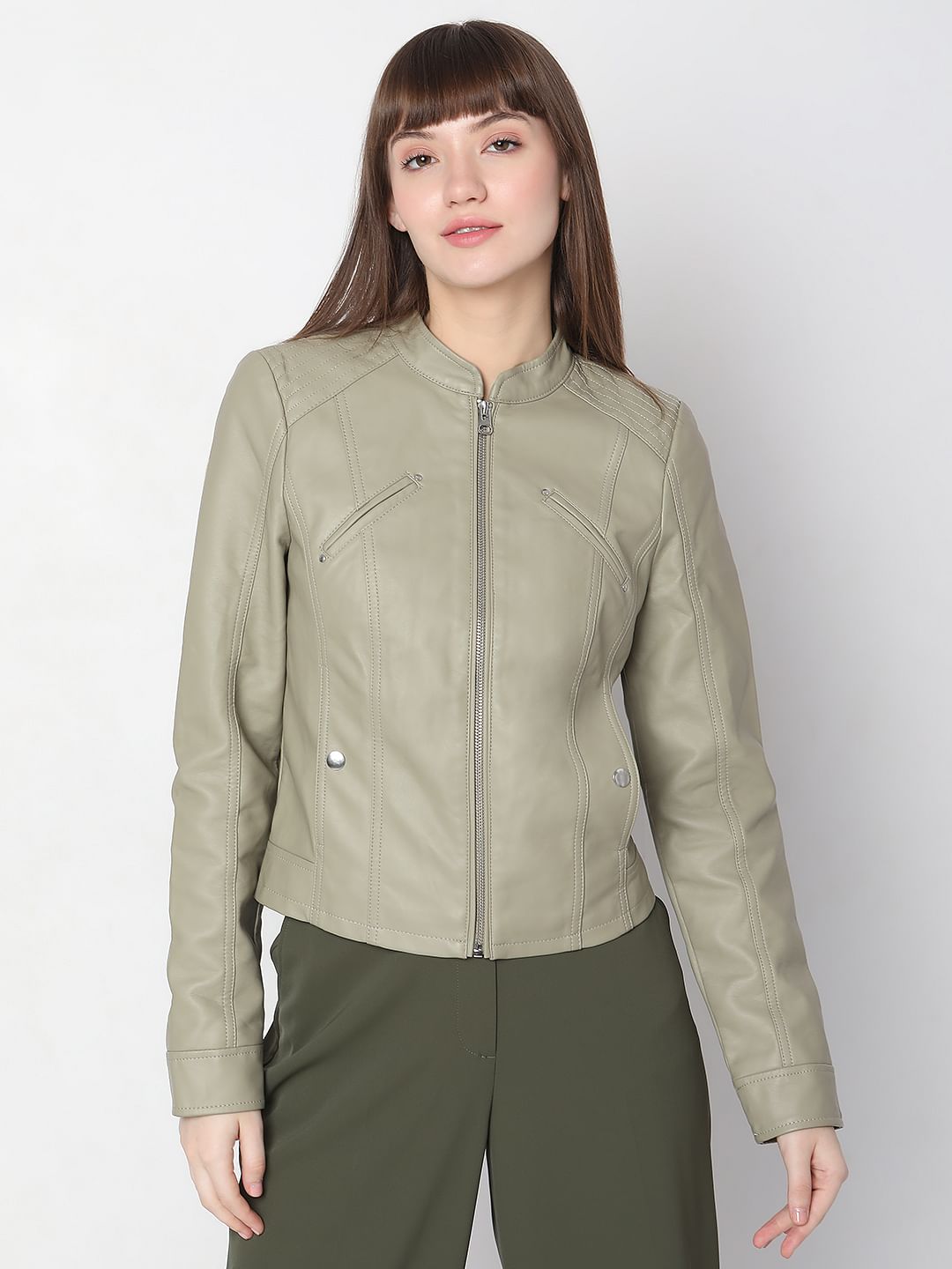 Green Faux Leather Biker Jacket