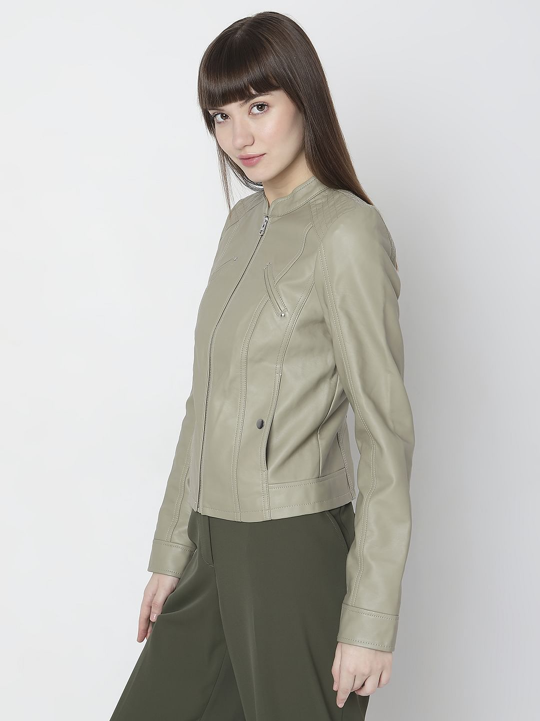 Green Faux Leather Biker Jacket