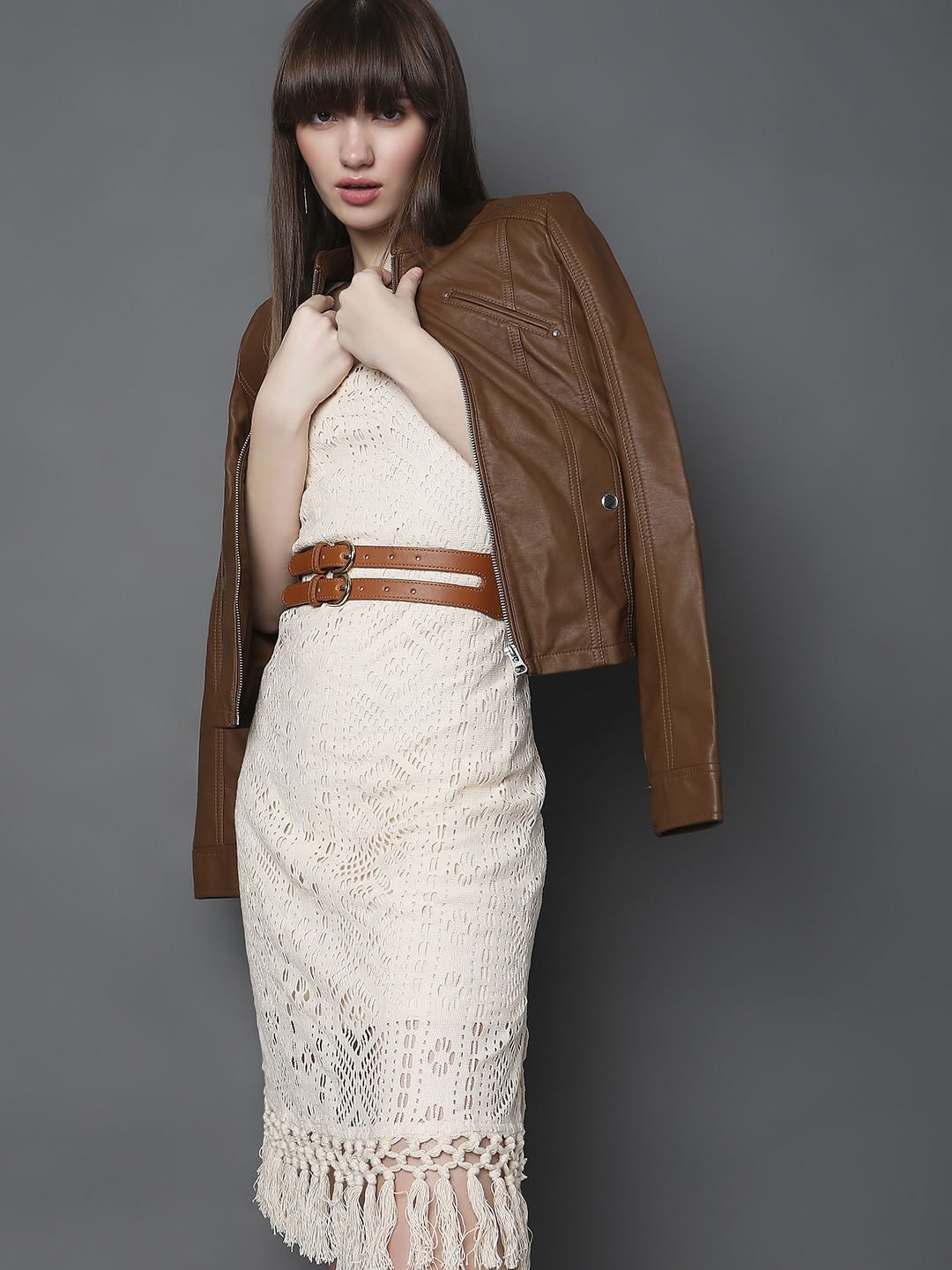 Dark Brown Faux Leather Biker Jacket