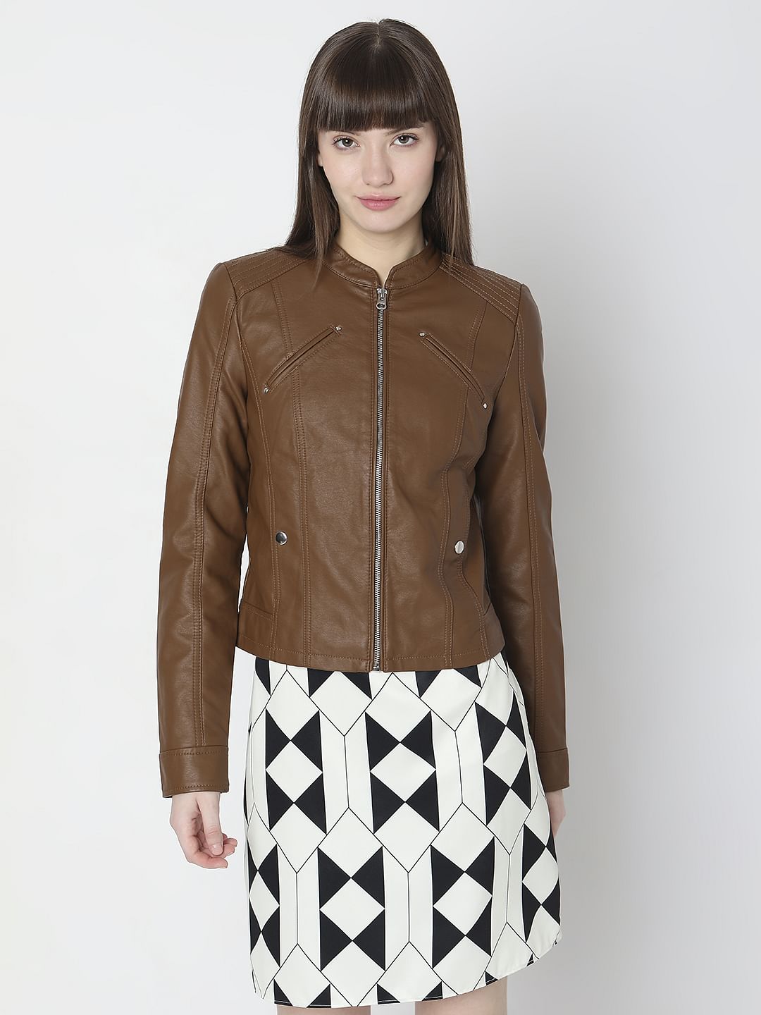 Dark Brown Faux Leather Biker Jacket