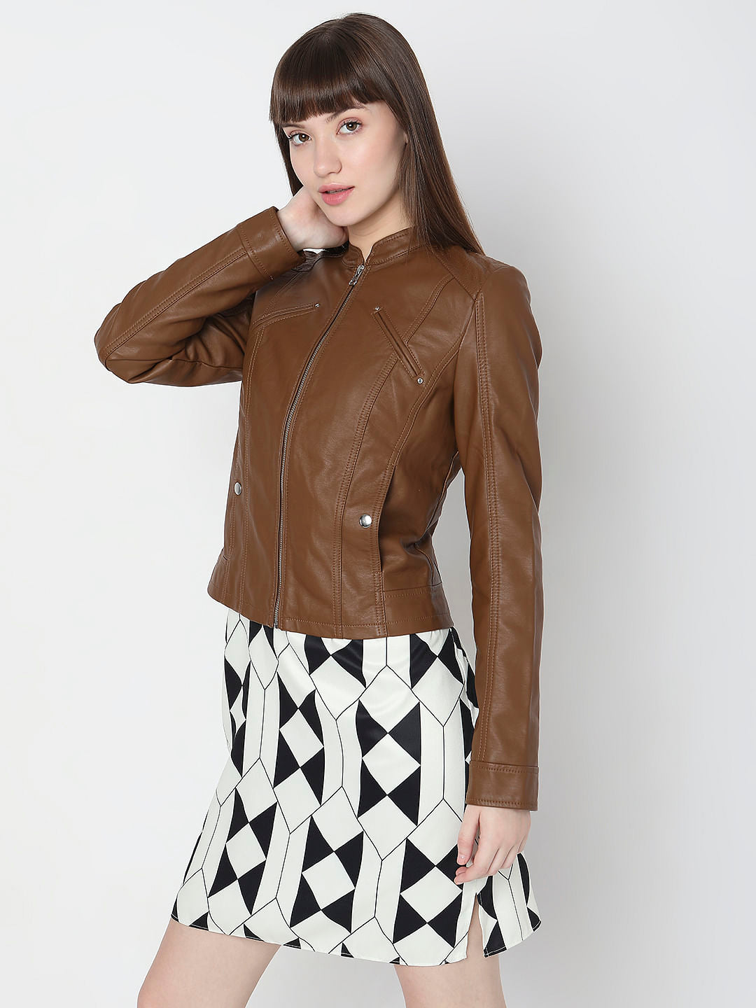 Dark Brown Faux Leather Biker Jacket