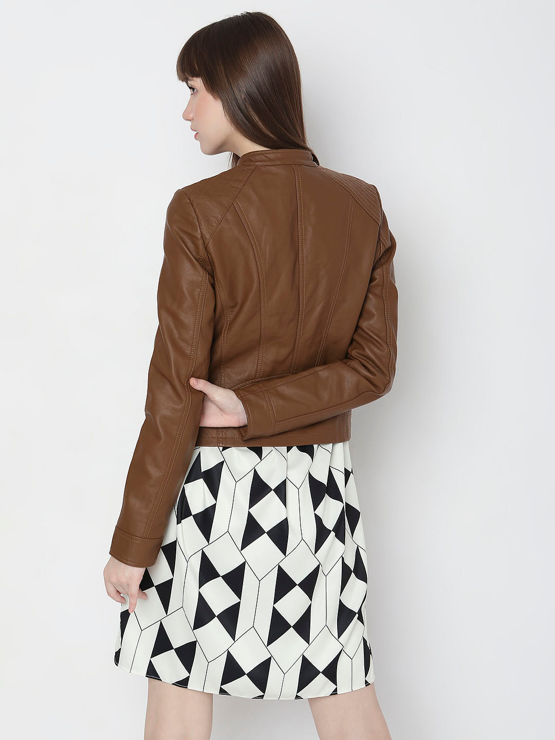 Dark Brown Faux Leather Biker Jacket