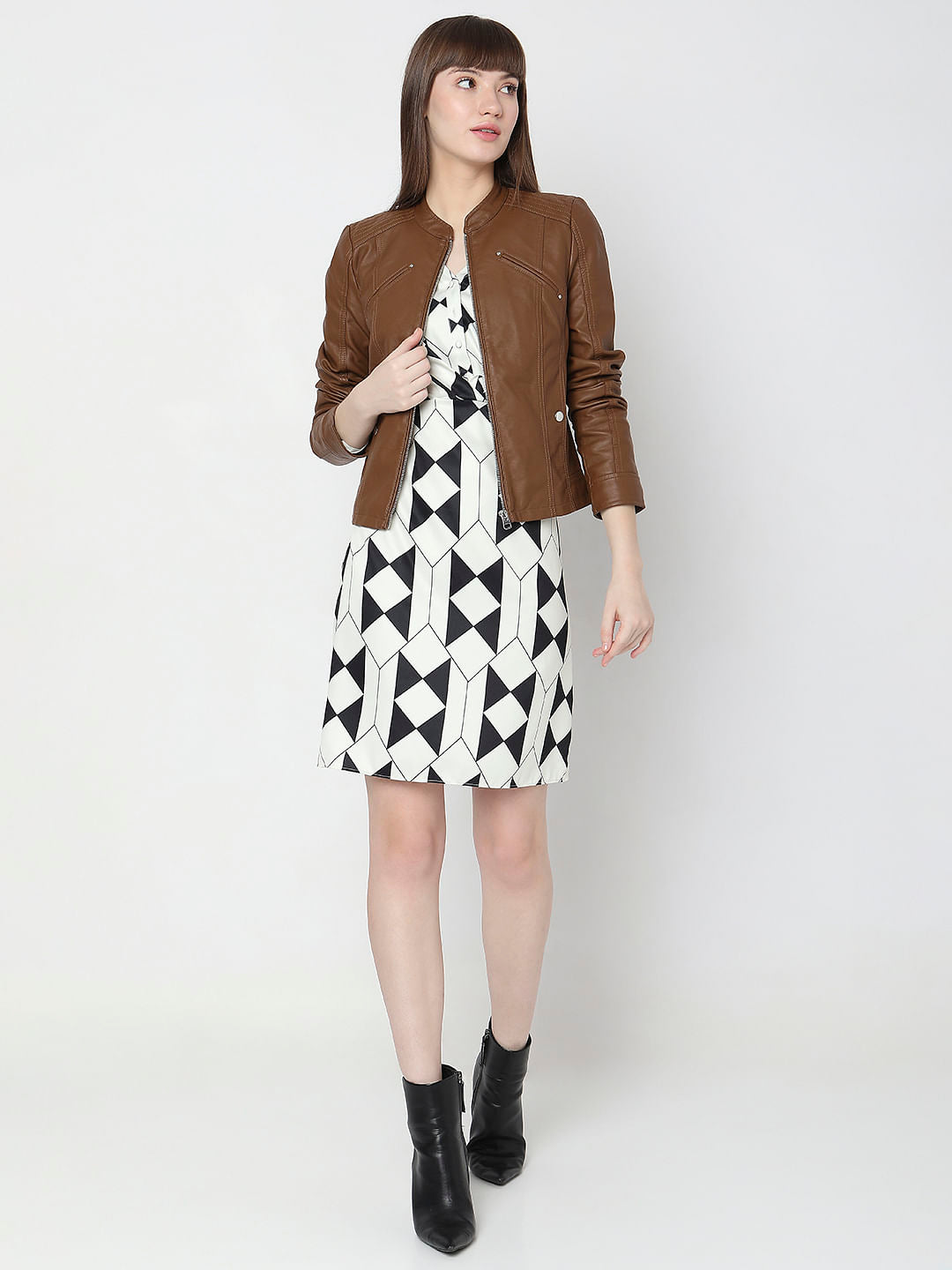 Dark Brown Faux Leather Biker Jacket