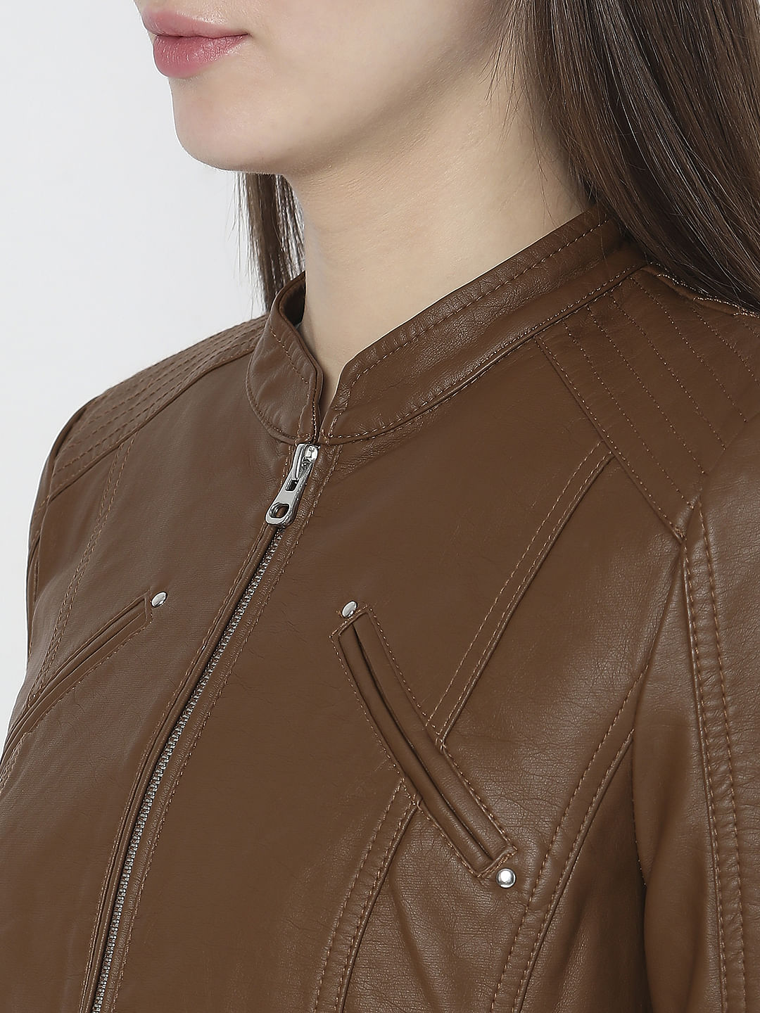 Dark Brown Faux Leather Biker Jacket