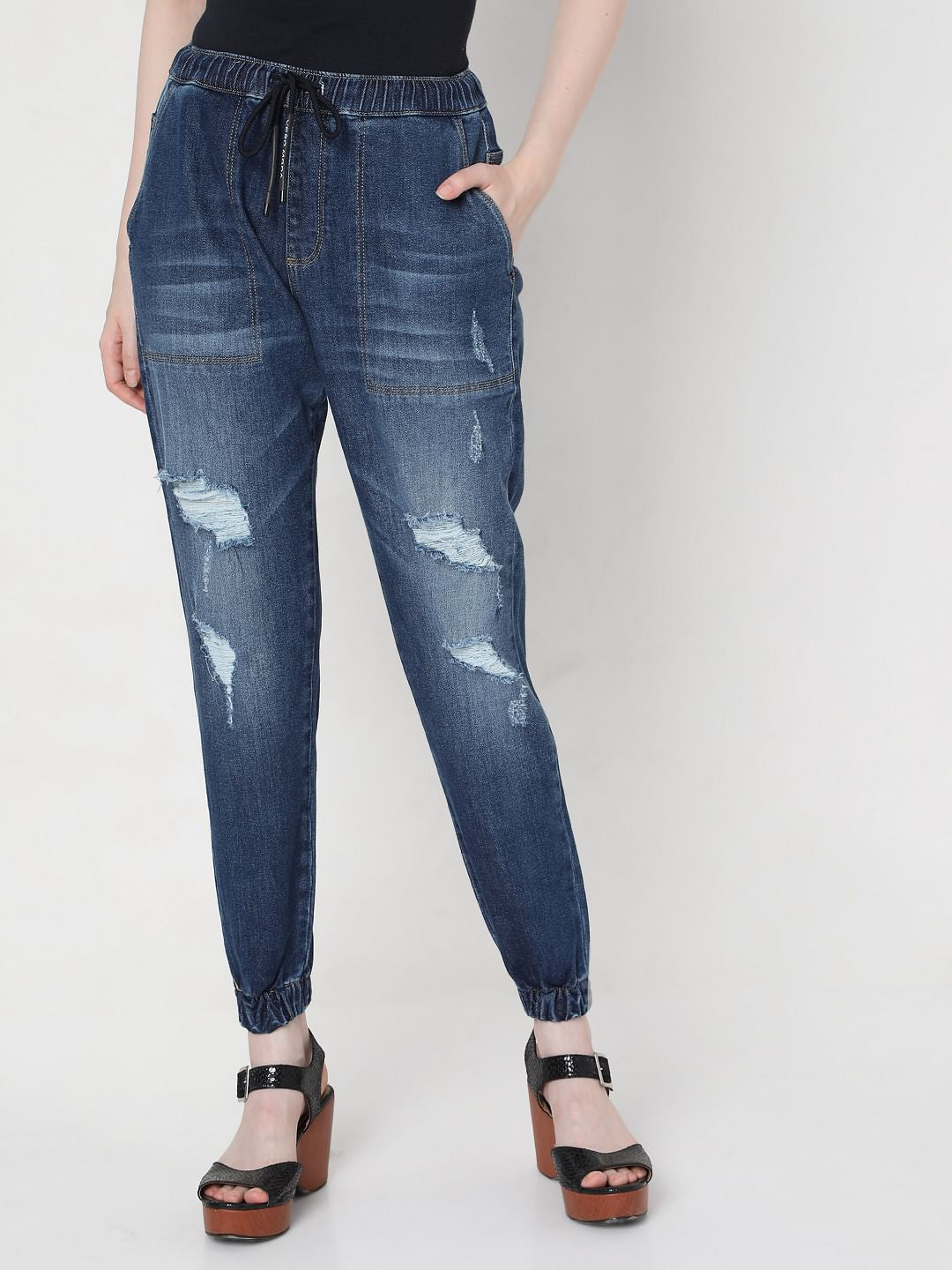 Blue High Rise Distressed Jogger Jeans