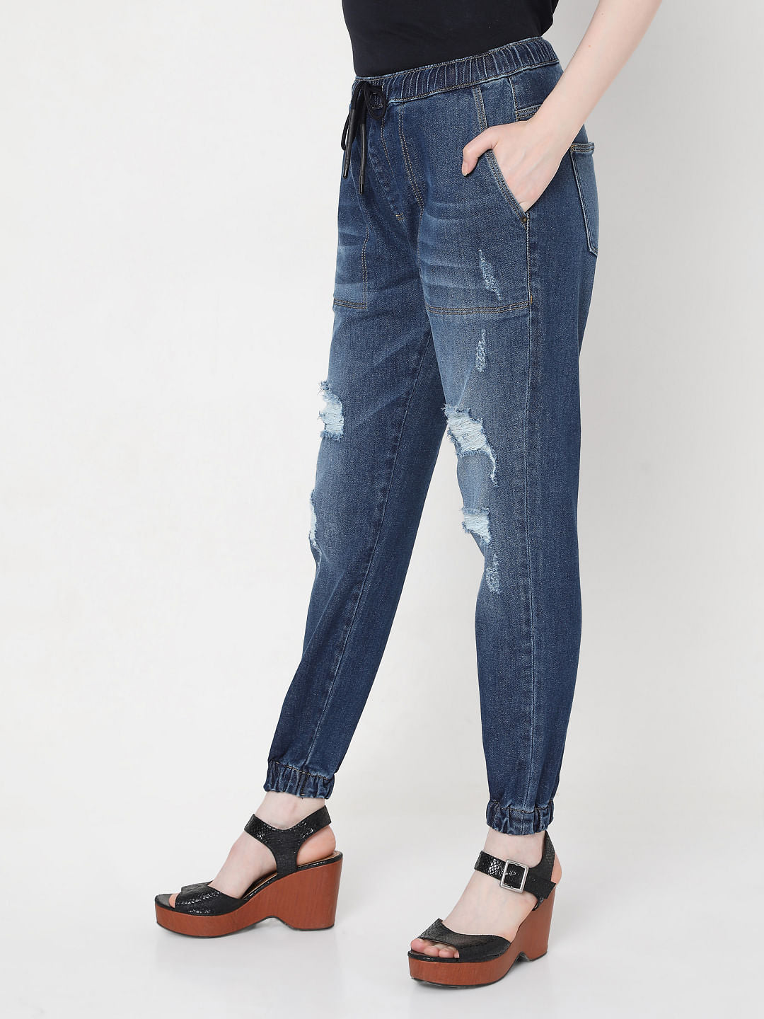 Blue High Rise Distressed Jogger Jeans