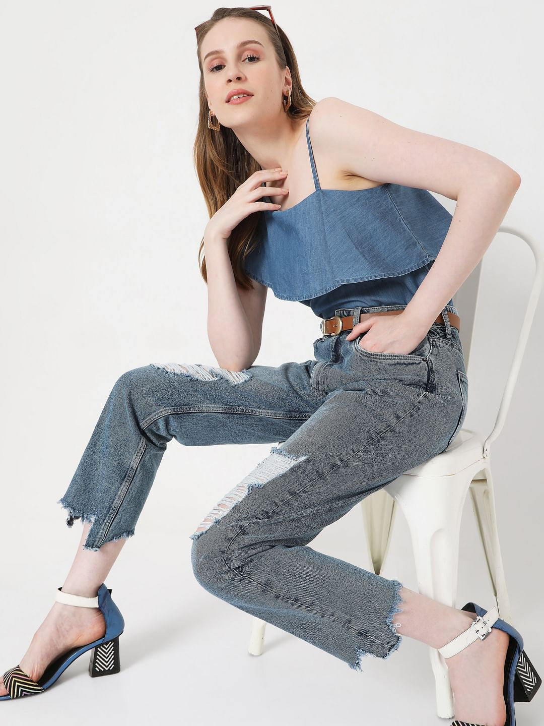 Blue Mid Rise Ripped Mom Jeans