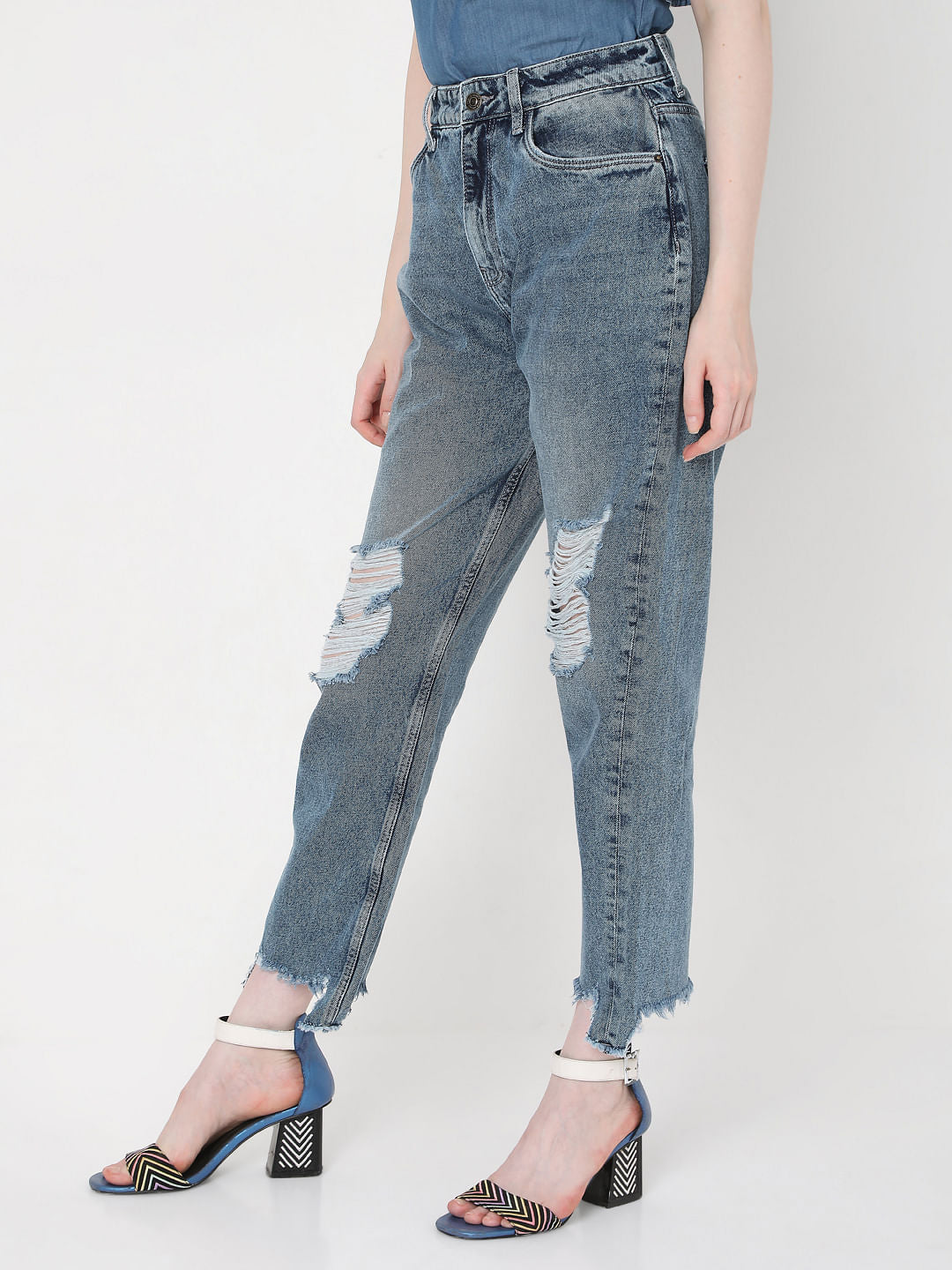 Blue Mid Rise Ripped Mom Jeans