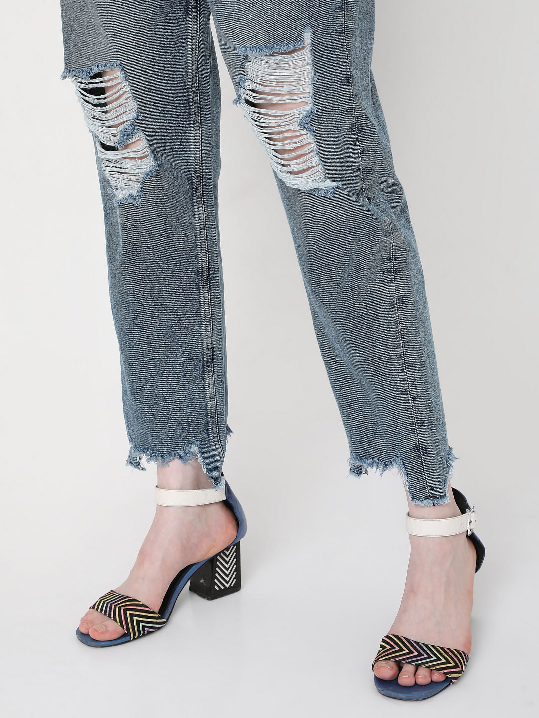 Blue Mid Rise Ripped Mom Jeans