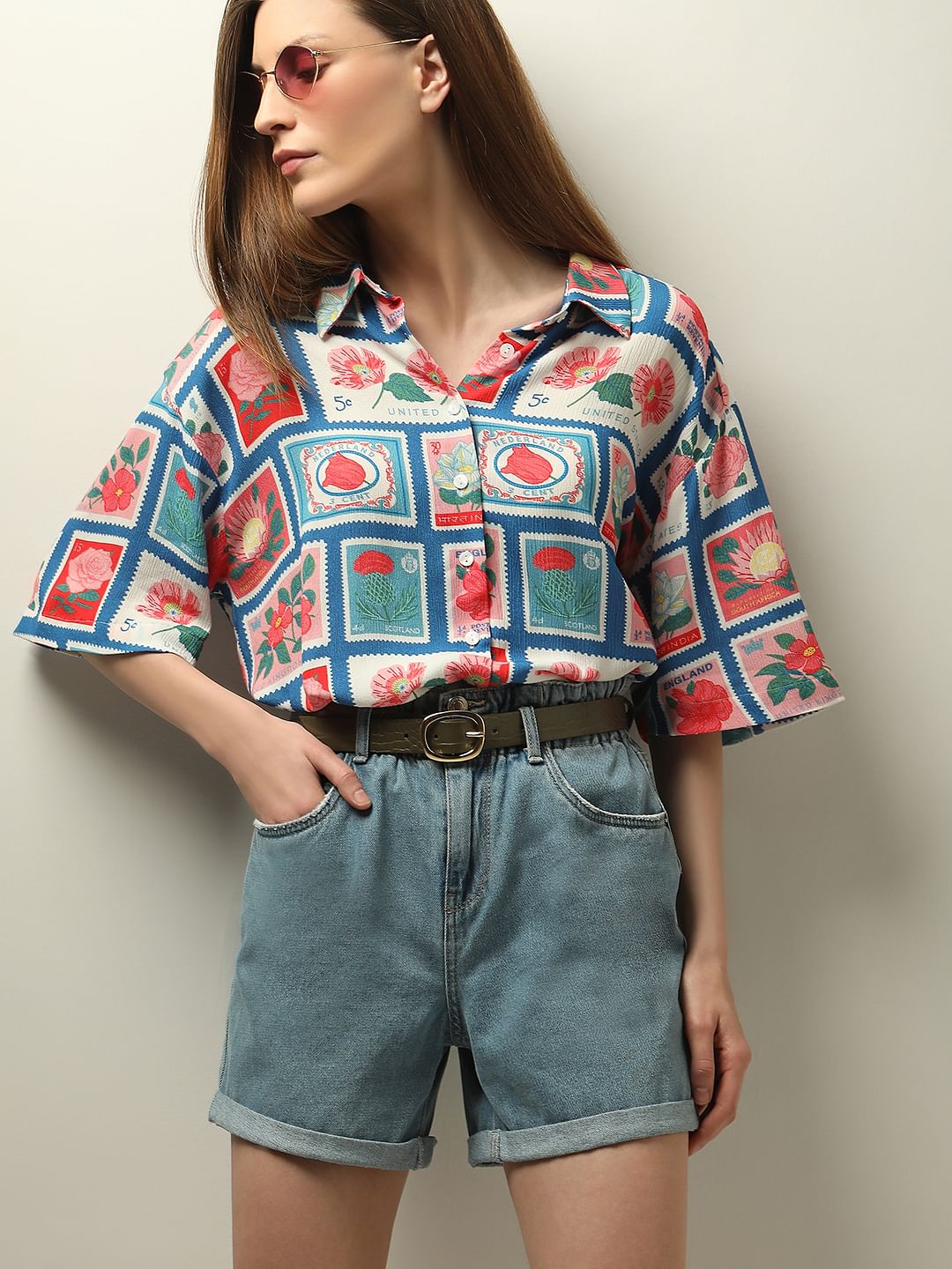 Blue Floral Stamp Print Shirt