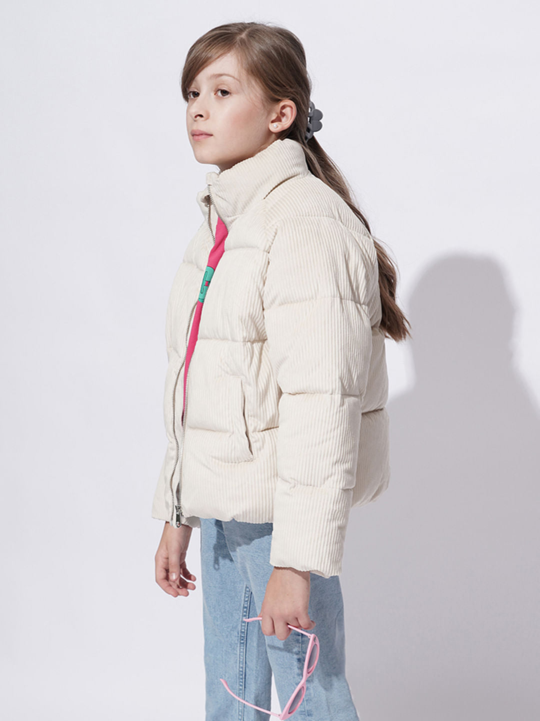 Girls Beige Corduroy Puffer Jacket