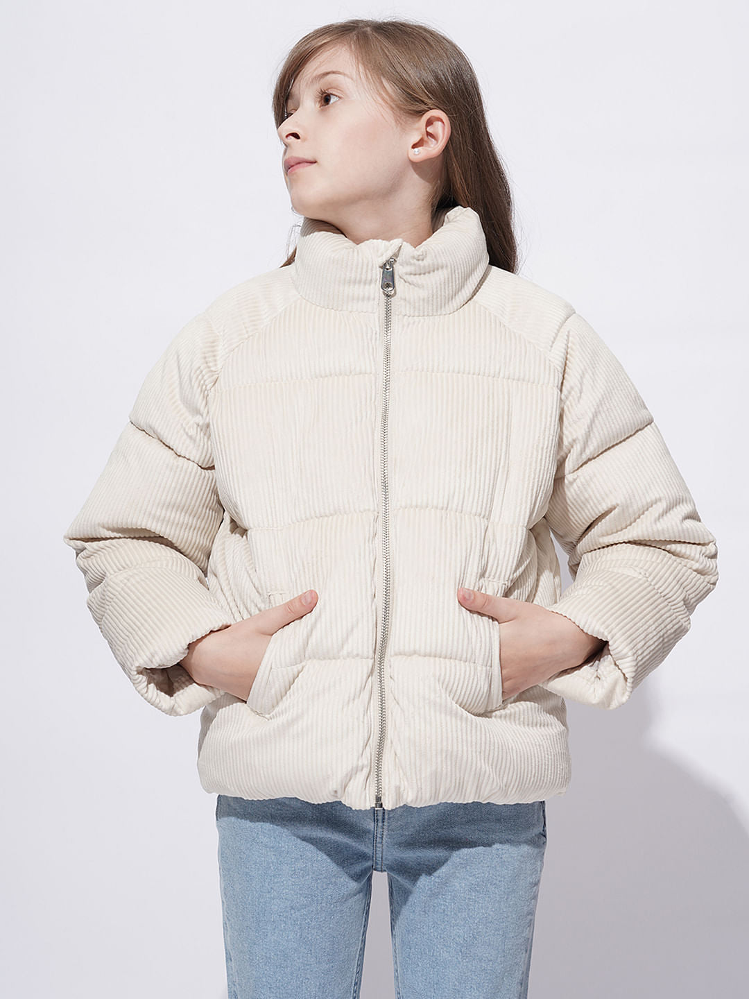 Girls Beige Corduroy Puffer Jacket