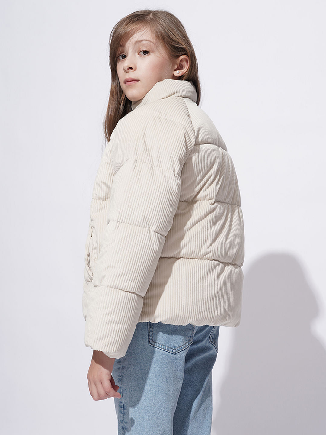 Girls Beige Corduroy Puffer Jacket