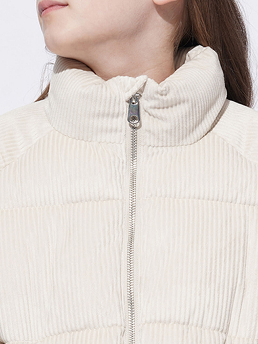 Girls Beige Corduroy Puffer Jacket