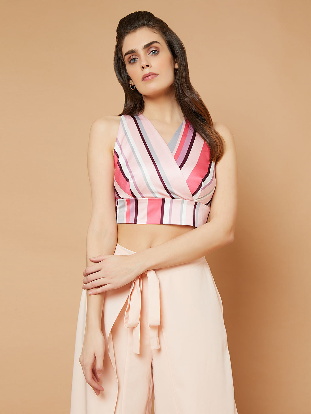 Marquee Pink Striped V Neck Crop Top