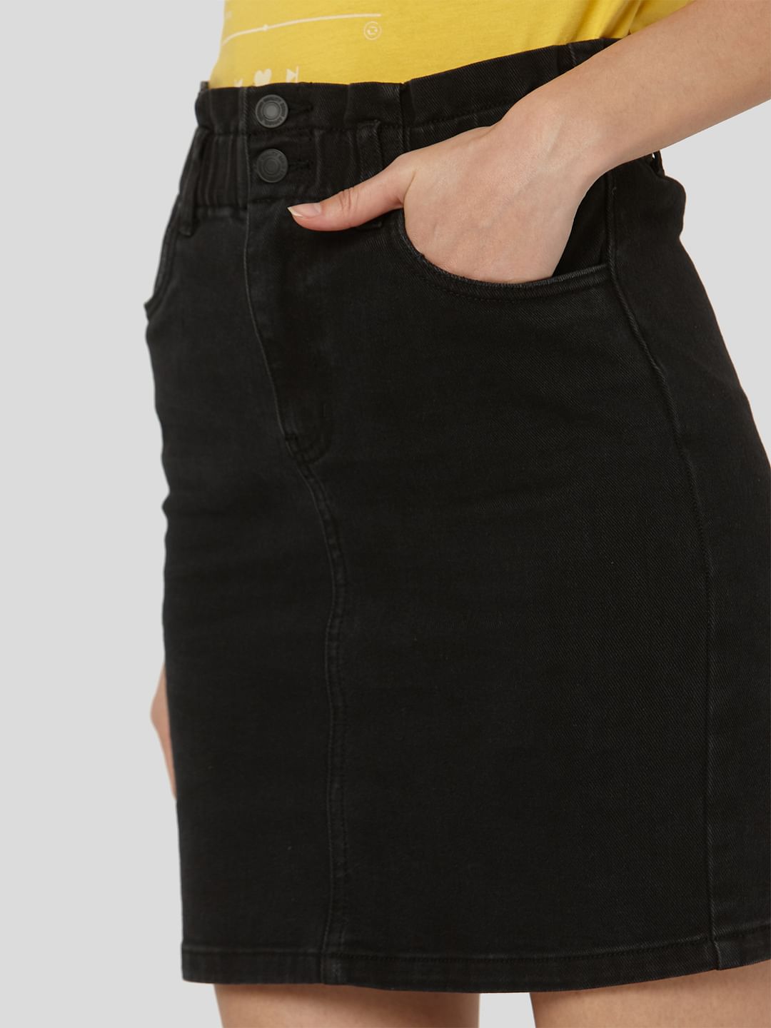 Black Mid Rise Denim Skirt