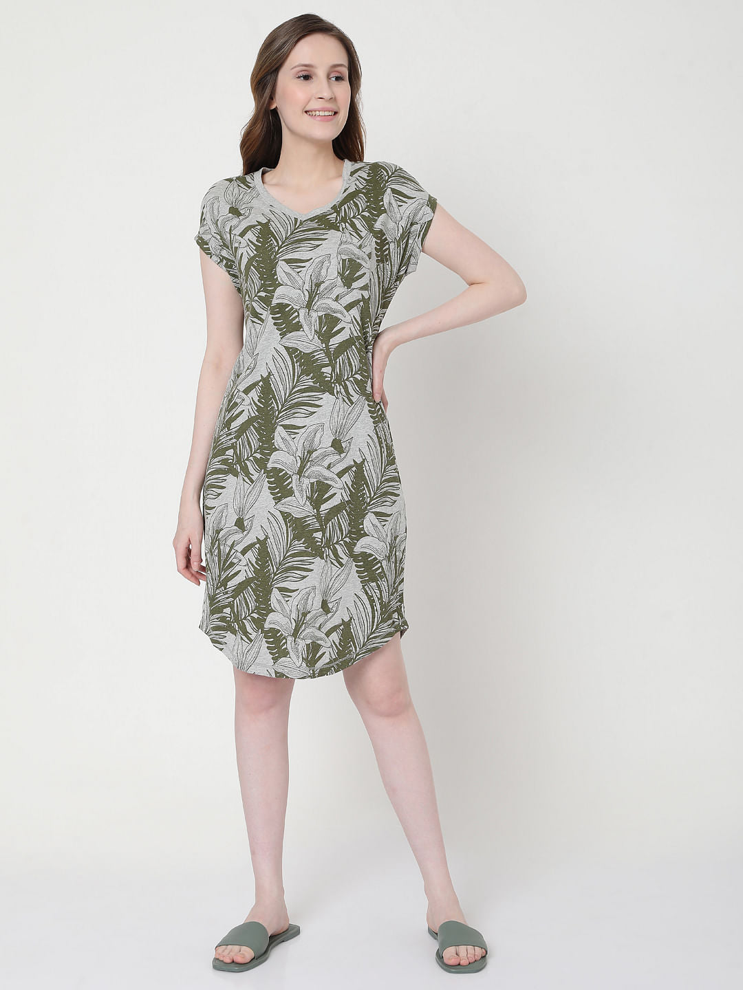 Grey Tropical Print Nighwear Dress