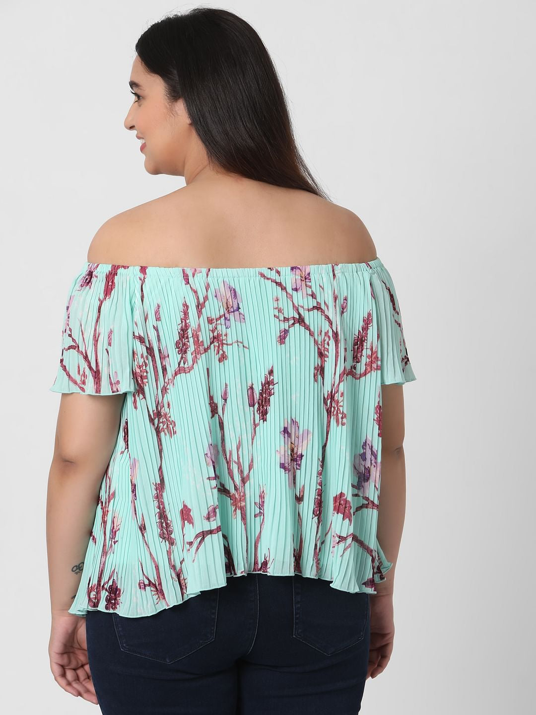 Curve Green Off Shoulder Floral Pleated Top
