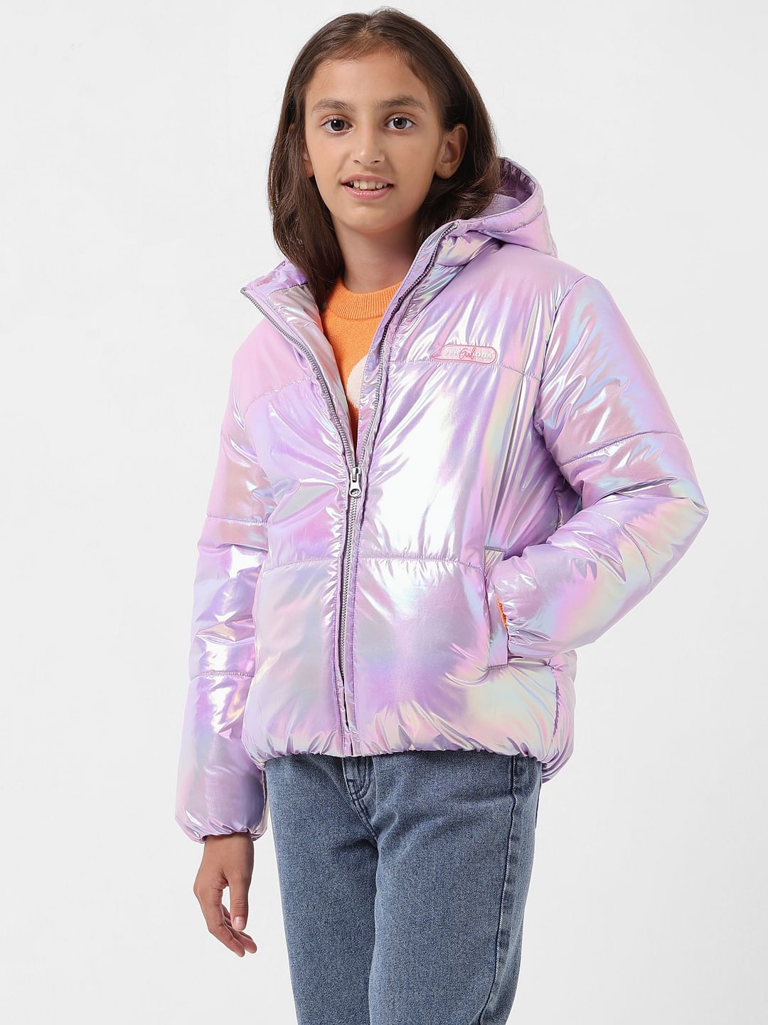 Girl Lilac Holographic Hooded Puffer Jacket