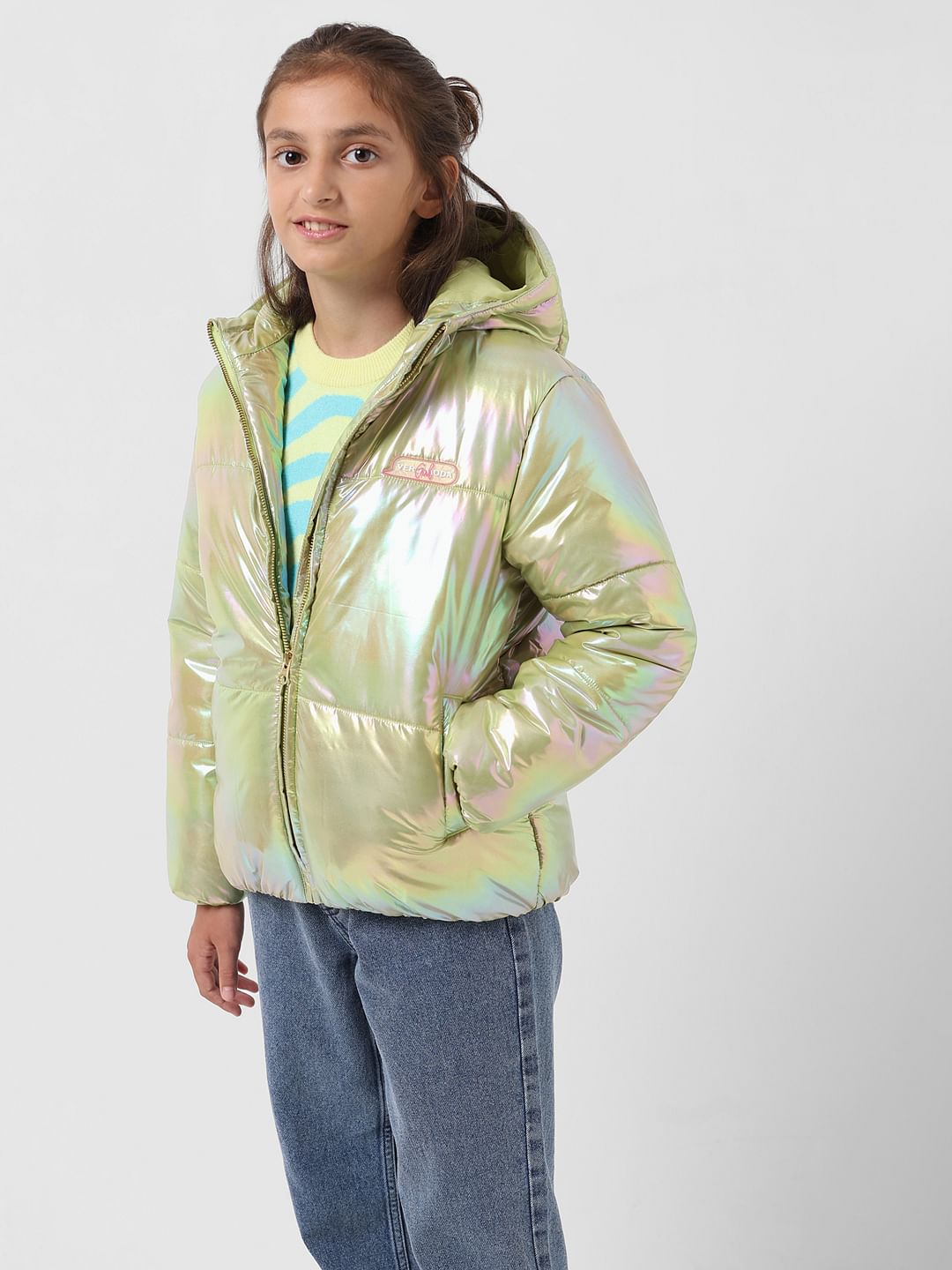 Girl Yellow Holographic Hooded Puffer Jacket