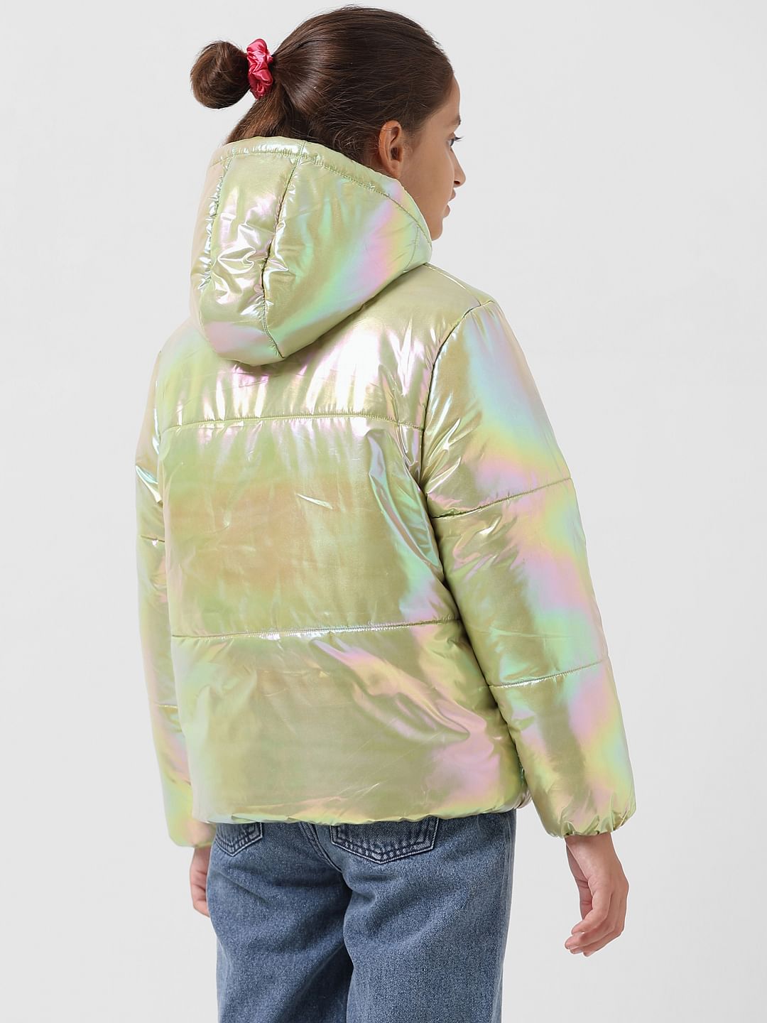 Girl Yellow Holographic Hooded Puffer Jacket