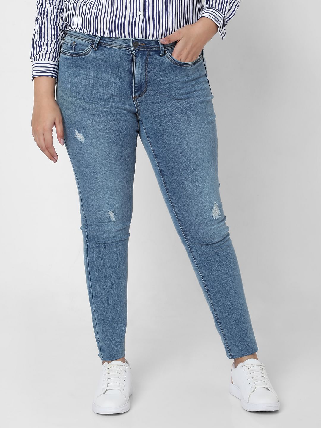 Curve Blue Mid Rise Distressed Wendy Skinny Jeans