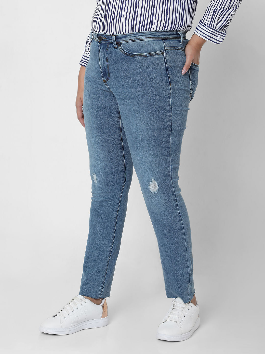 Curve Blue Mid Rise Distressed Wendy Skinny Jeans