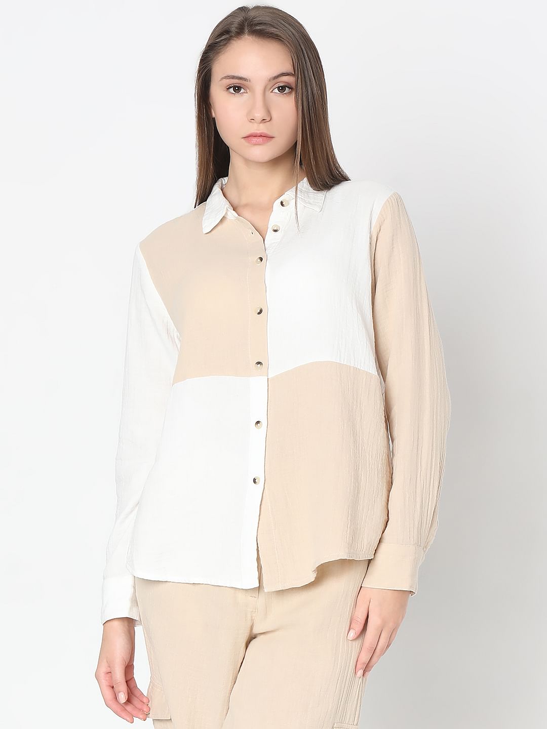 White Colourblocked Co-Ord Set Shirt