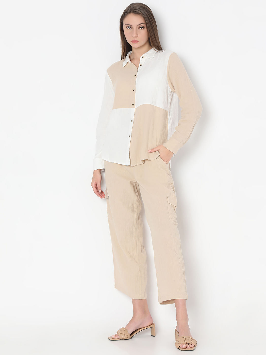 White Colourblocked Co-Ord Set Shirt