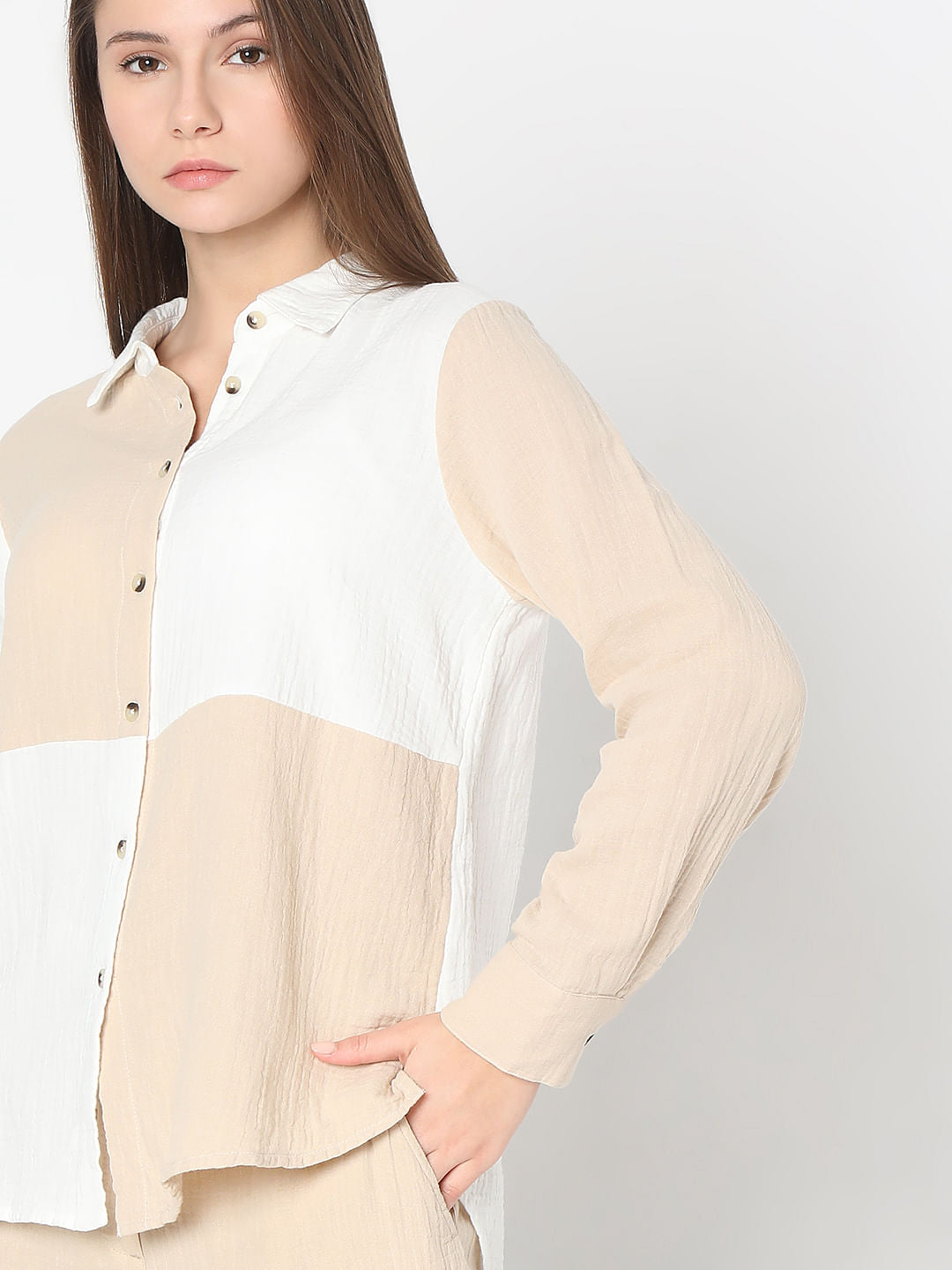 White Colourblocked Co-Ord Set Shirt