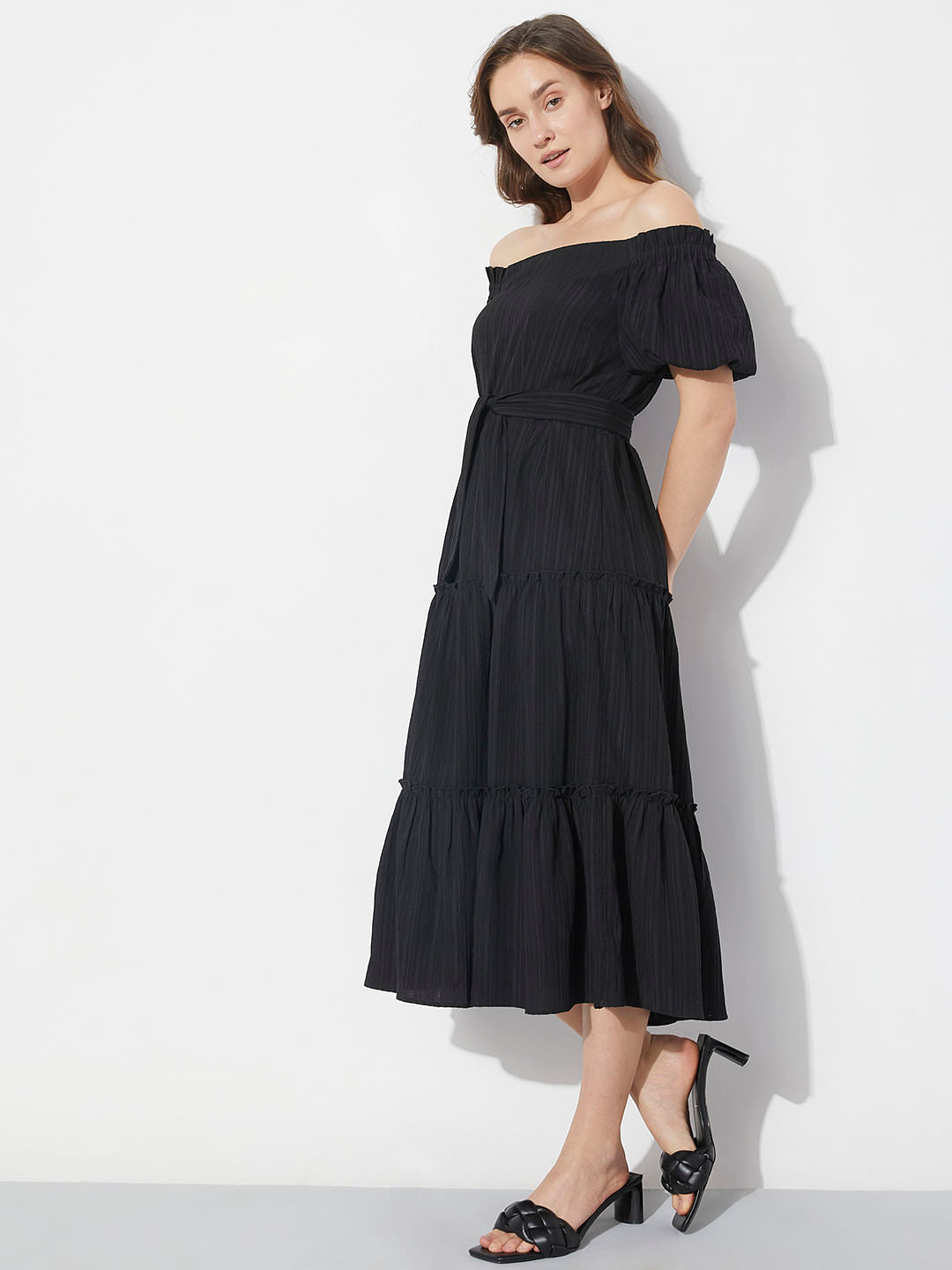 Black Striped Off-Shoulder Midi Dress