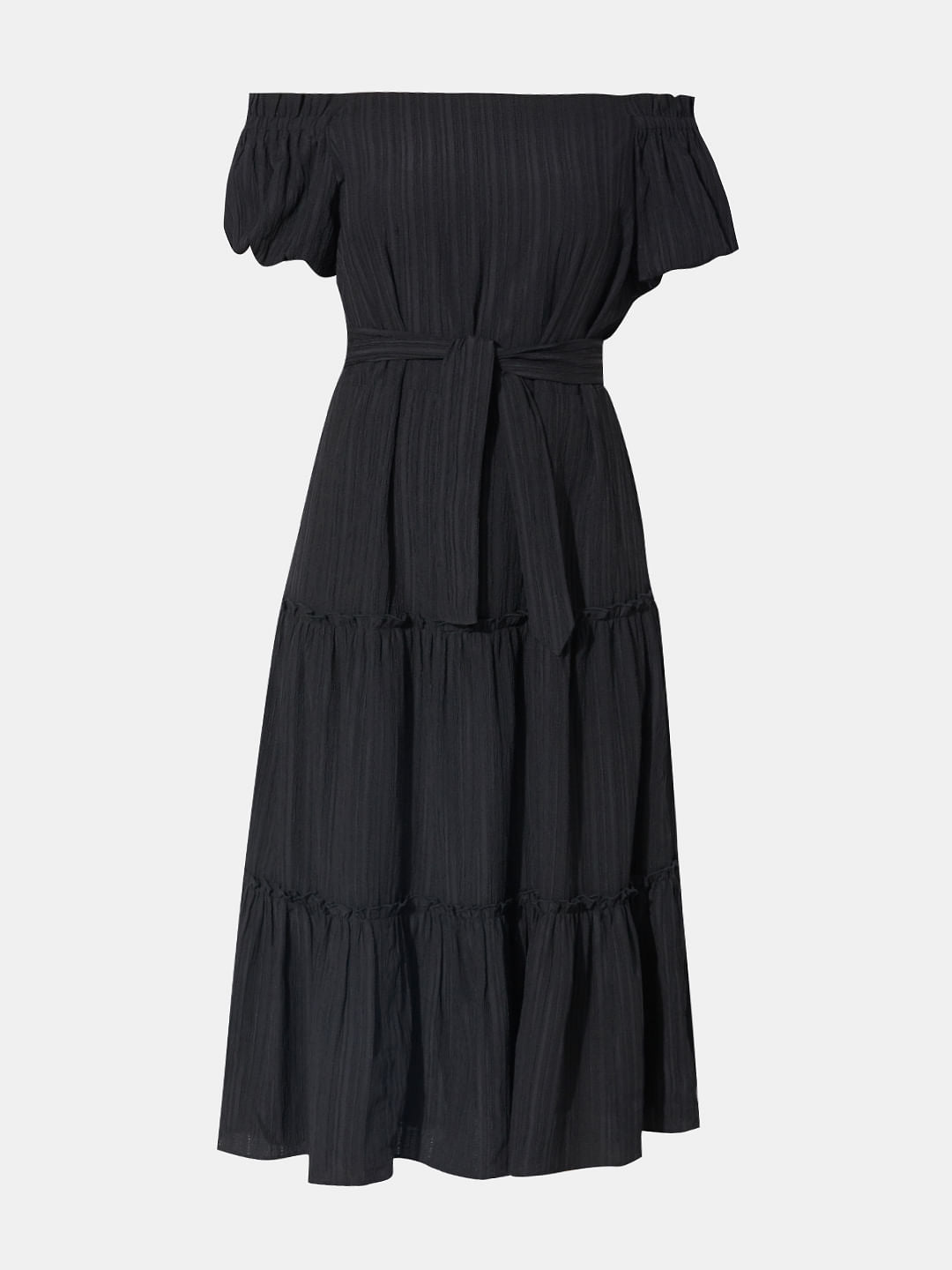 Black Striped Off-Shoulder Midi Dress